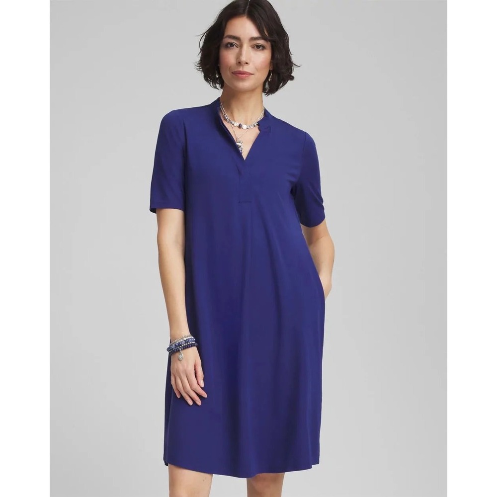 Chico's NWT Popover Soft Dress 2 Large Cobalt Blue Short Sleeve Minimalist Solid